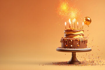 Birthday chocolate cake decorated with sweets, candles on a yellow background with gold balloon, fireworks. Generative AI