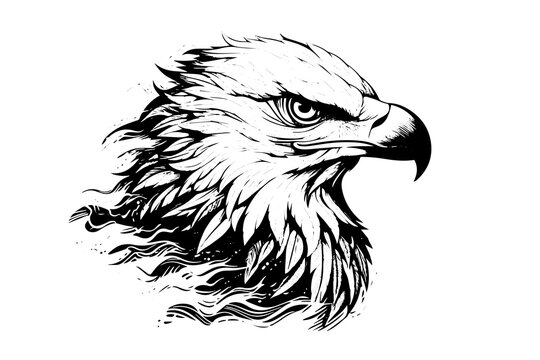 Eagle head logotype mascot in engraving style. Vector illustration of sign or mark.