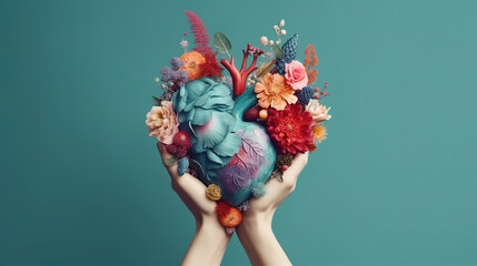 Hands holding human heart with flowers. Generative Ai