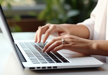 Woman using PC mouse while working on computer at table, closeup. Created with Generative AI technology.