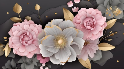 de ouro com rosas e folhas em um fundo marmorizado rosa. Generative Ai