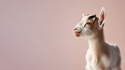 Obraz premium Cute small goat, studio portrait with copy space on side. Generative AI