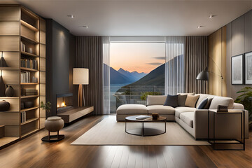 Interior design of a living room that embraces the concept of hygge, featuring cozy textures and a warm lighting for a comfortable and relaxed environment.