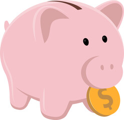 Piggy bank with coin vector illustration. Classic ceramic pig symbol of saving money