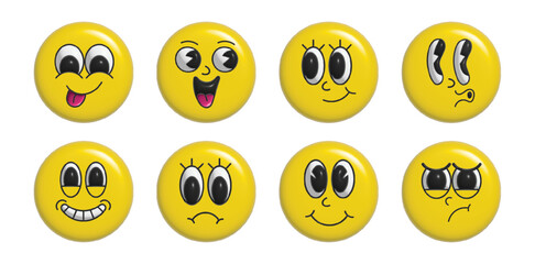 Set of 70s 3d groovy comic faces vector. Collection of cartoon character faces, in different emotions, happy, angry, sad, cheerful. Cute retro groovy hippie illustration for decorative, sticker.