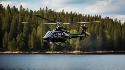 A Huge Helicoper Flying over a Natural Background. Drone Shot. Professional Photography.
