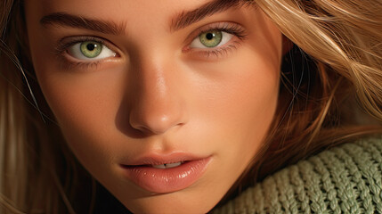 beautiful scandinavian model , green eyes , green light background