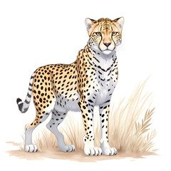 White  brown cheetah  in cartoon style. Cute Little Cartoon White  brown cheetah  isolated on white background. Watercolor drawing, hand-drawn White  brown cheetah  in watercolor. 