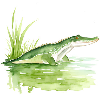 crocodile  in cartoon style. Cute Little Cartoon crocodile isolated on white background. Watercolor drawing, hand-drawn crocodile in watercolor. For children's books, for cards, 