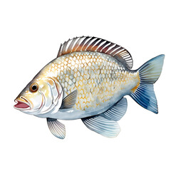 Tilapia​ ​fish in cartoon style. Cute Little Cartoon Tilapia​ ​fish isolated on white background. Watercolor drawing, hand-drawn Tilapia​ ​fish in watercolor. For children's books, for cards, 