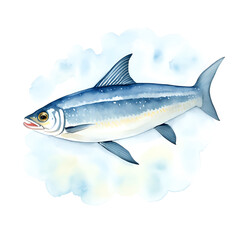 Naklejka premium Sardine in cartoon style. Cute Little Cartoon Sardine isolated on white background. Watercolor drawing, hand-drawn Sardine in watercolor. For children's books, for cards, Children's illustration.
