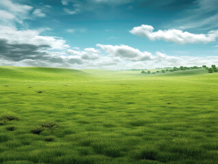 Fototapeta premium A bright green grassland extending far away into the horizon representing the potential of a deforested area. .