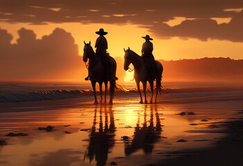 Two riders travel on horseback along the seashore. AI Generated