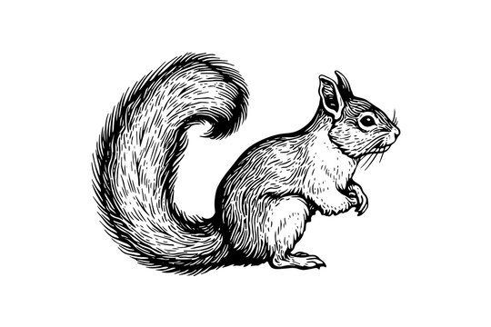 Squirrel sitting ink sketch hand drawn engraved style Vector illustration.