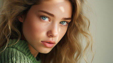 Naklejka premium beautiful scandinavian model , green eyes , green light background