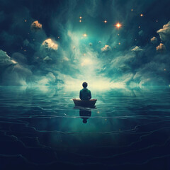A person deep in a guided meditation calmly floating on a sea of their innermost thoughts and feelings as their connection to the .