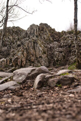 Rocks on a path in front of Koenigsstuhl formation at Thunder Mountain in Dannenfels in the Palatinate Forest of Germany on a cloudy spring day.