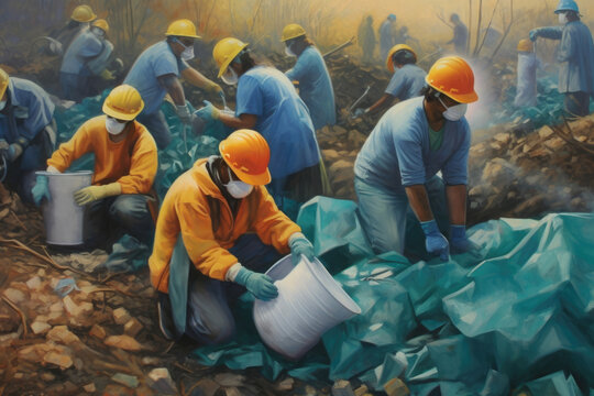 A large group of people donning protective gear sorting through mounds of trash working diligently to recycle and divert from landfills. .