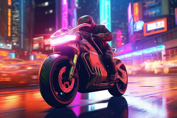 An electric motorcycle framed by a vibrant neonlit cityscape its headlights ting through the night as it weaves between traffic. .