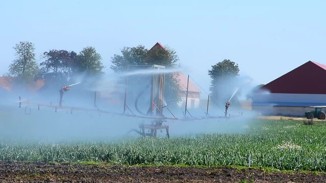 Artificial irrigation of sugar beet cultivation in Skurup community, Scania, Sweden, Scandinavia, Europe