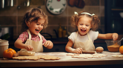 Obraz na płótnie Canvas Happy family funny kids are preparing the dough, bake cookies in the kitchen
