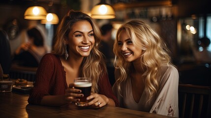 2 Beautiful Girls at the Bar Drinking some Cocktails. Elegant & Sexy Dress.