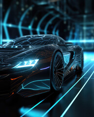 A closeup of a dark gray sportscar seemingly connected to the larger digital network via a glowing LED interface. .