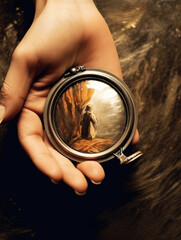 A pocket mirror reflecting a distorted version of oneself representing the distorted reality of mental illness. .