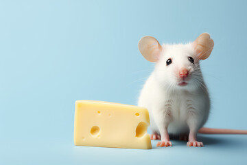 Fototapeta premium Cute Small white fluffy mouse with a piece of yellow cheese with holes isolated on light pastel blue studio background with copy space for text.