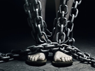 A heavy chain entangling the feet of a person metaphorically showing the weight of mental health struggles holding one back. .