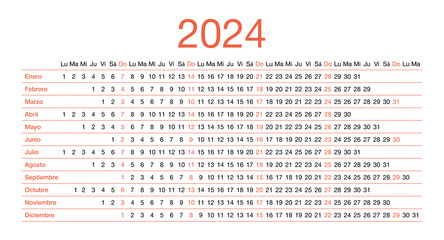 Calendar for 2024 in Spanish. The week starts on Monday