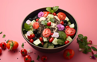 vegan vegetarian bowl of vegetables with flowers and quinoa sitting on a pink background