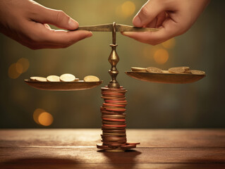 Two hands on a seesaw scale one side balancing stacks of coins to represent a successful work life the other side balancing a heart .