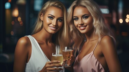 2 Beautiful Girls at the Bar Drinking some Cocktails. Elegant & Sexy Dress.