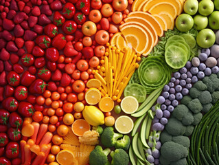 An array of healthy and nutritious food arranged in a rainbow pattern emphasizing the joy and of choosing healthful options. .