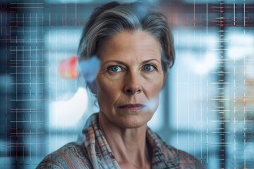 business businesswoman office meeting woman portrait digital technology code computer internet information cyber binary security communication generative ai