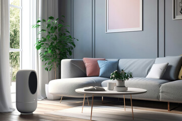 Fototapeta na wymiar A modern living room with a stylish smart speaker in the corner filling the space with warm inviting sound. .
