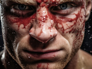 An up close and personal shot of a wrestlers face as sweat and determination drive his every motion. .