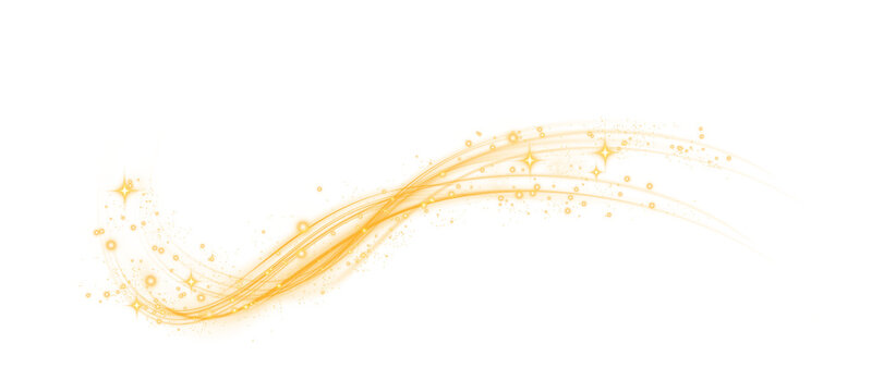 Yellow magic spirals with sparkles. Yellow light effect. Glitter particles with lines. Swirl effect. PNG.