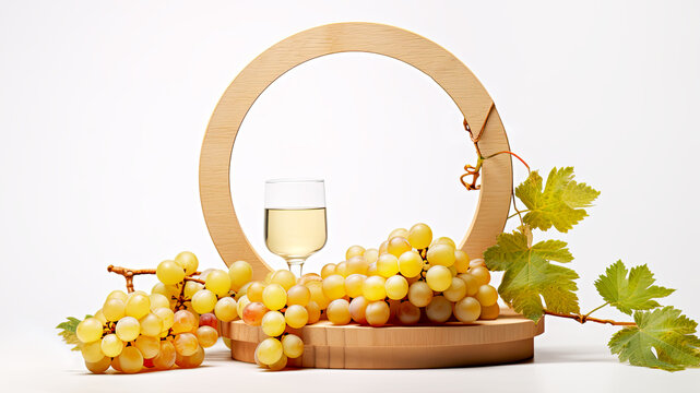 Muscat Grape with leaves on natural wooden podium and glass of white wine on white background. Template for advertising wine products. Wine background for presentation of your products
