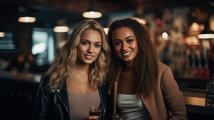 2 Beautiful Girls at the Bar Drinking some Cocktails. Elegant & Sexy Dress.