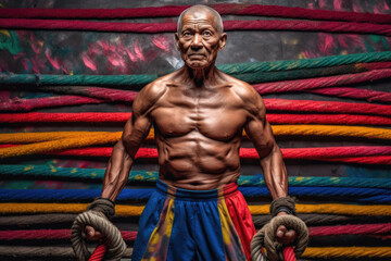 Fototapeta na wymiar A weathered veteran kickboxer striking an intense pose in front of a wall of colorful jump ropes. .