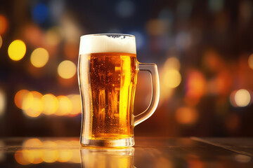 A classic beer mug filled with light beer with white foam stands on a wooden table on a blurred background. Copy space for text.