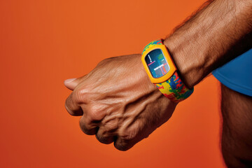A persons wrist encircled with a brightly colored fitness tracker clasped securely in place. .