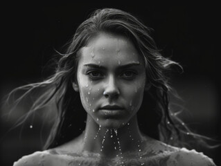 A black and white image of a female swimmer emerging from the water determined expression on her face. .