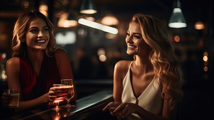 2 Beautiful Girls at the Bar Drinking some Cocktails. Elegant & Sexy Dress.