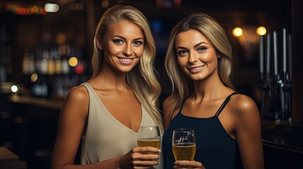 2 Beautiful Girls at the Bar Drinking some Cocktails. Elegant & Sexy Dress.