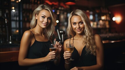 2 Beautiful Girls at the Bar Drinking some Cocktails. Elegant & Sexy Dress.