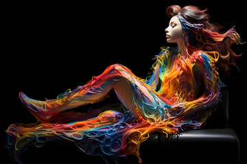 Captivating Modern Art: Seated Woman with Flow of Color on Black Background | High Details and Wonderful Colors