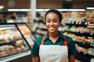 Smiling young female supermarket worker looking at the camera.